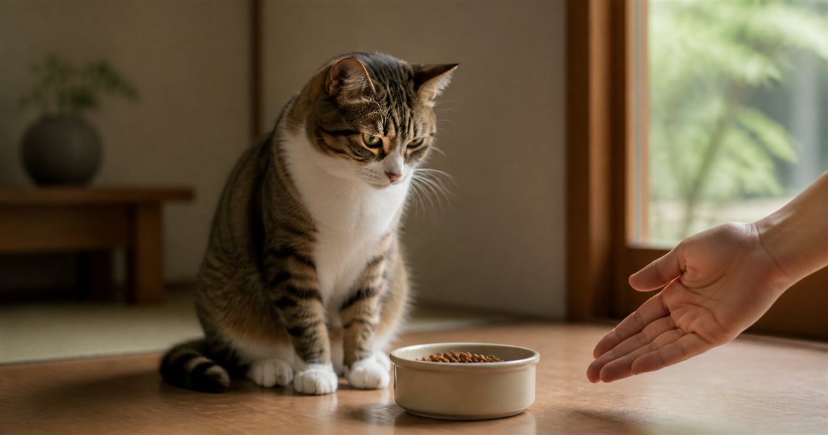 フードの器を慎重に確認する猫と飼い主の手