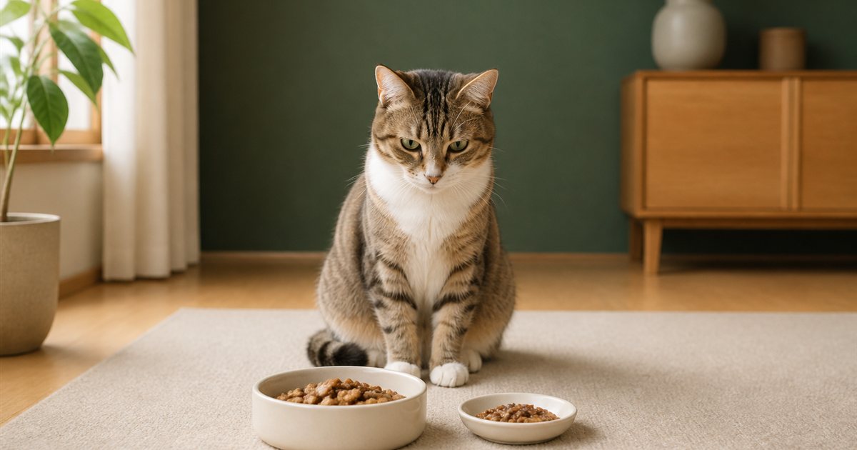 量の異なる2つのフード皿を見つめる猫