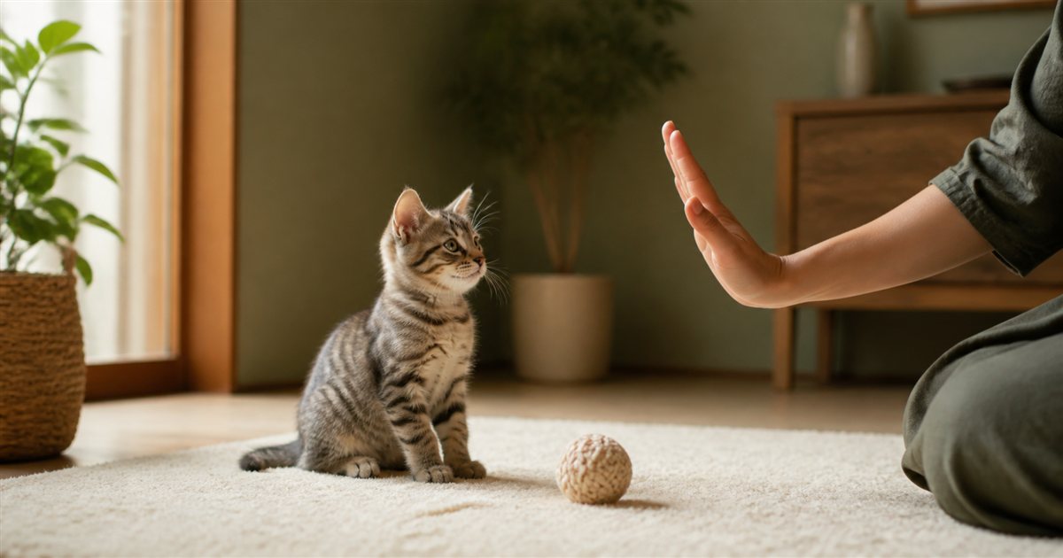 編み玩具のそばで飼い主の合図を見る子猫