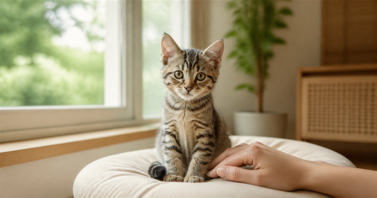 自宅のクッションでくつろぐ子猫と飼い主の手