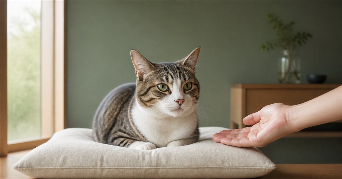クッションで静かに休む猫を見守る飼い主の手