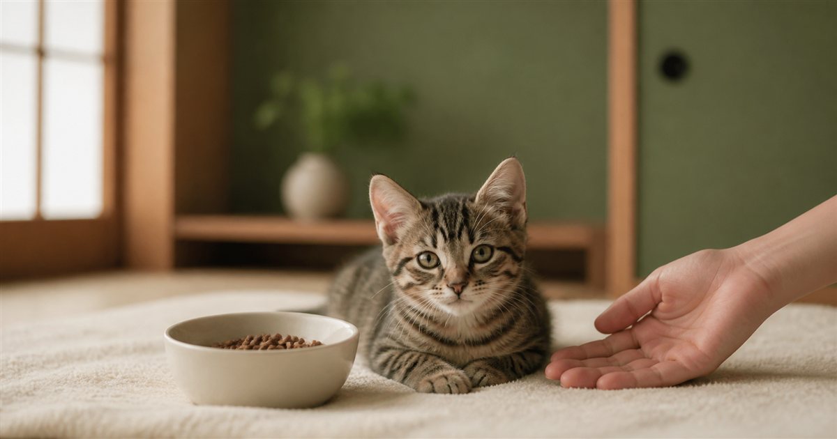フードのそばで休む子猫を見守る飼い主の手