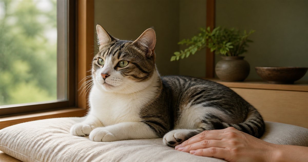 窓辺のクッションで飼い主の手に寄り添う猫
