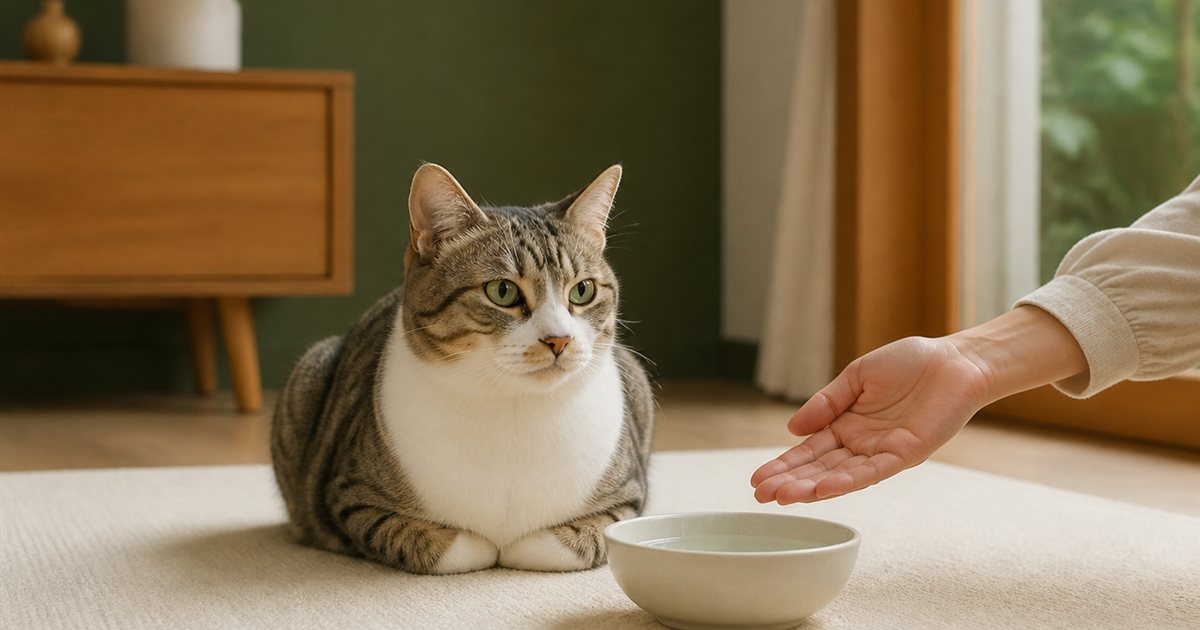 水の器のそばで休む猫を見守る飼い主の手