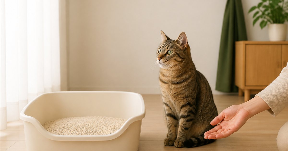 清潔な猫用トイレのそばで猫を見守る飼い主の手