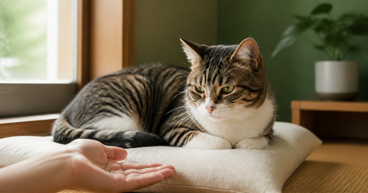 クッションで休む猫をそっと見守る飼い主の手