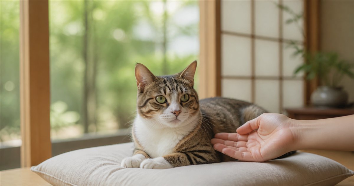 窓辺で休む猫の様子を見守る飼い主の手