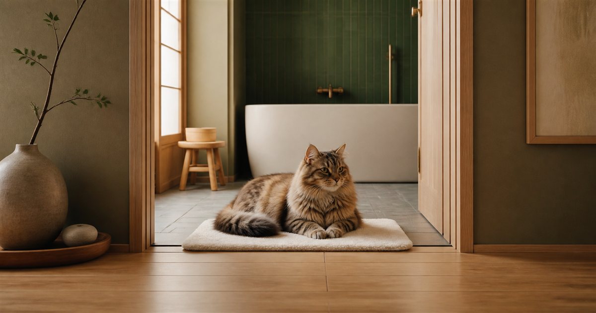 清潔な浴室入口のマットでくつろぐ猫