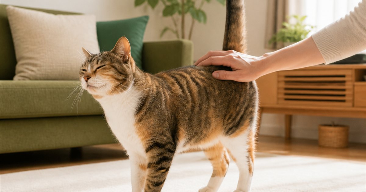 背中を優しくなでられて尻尾を上げる猫
