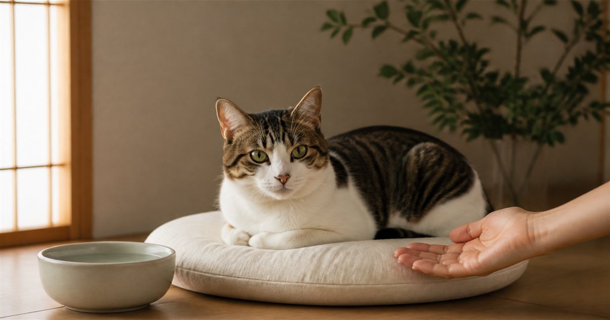 水の器のそばで休む猫と飼い主の手