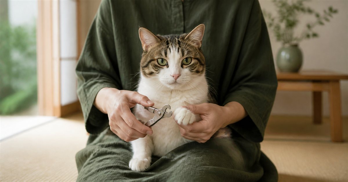 爪切りを前に飼い主の手に支えられる猫