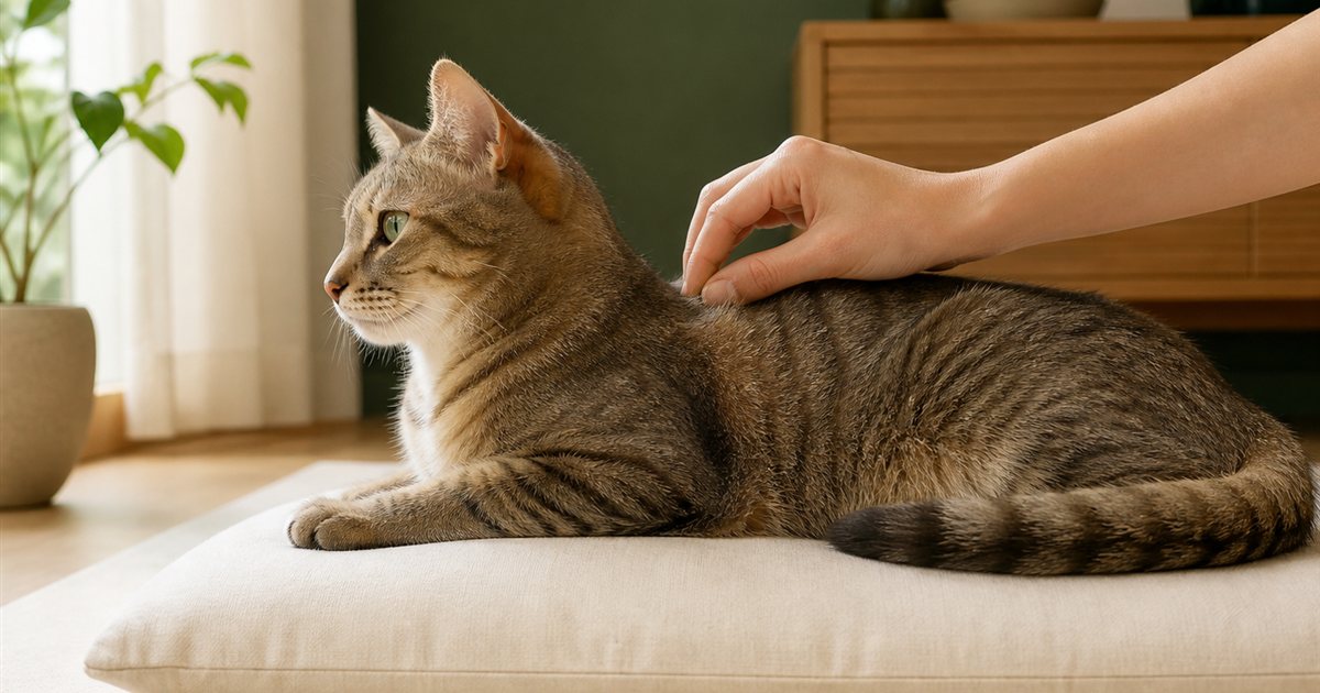 猫の毛並みを優しく確認する飼い主の手