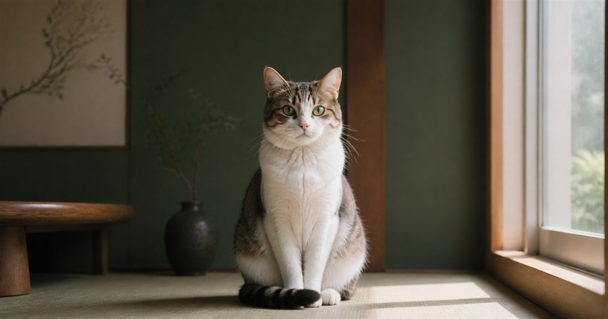 窓辺で自然なヒゲを見せて座る猫