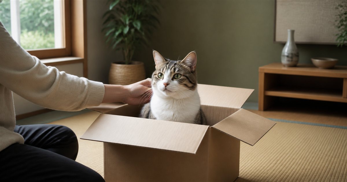 無地の段ボール箱でくつろぐ猫と飼い主の手