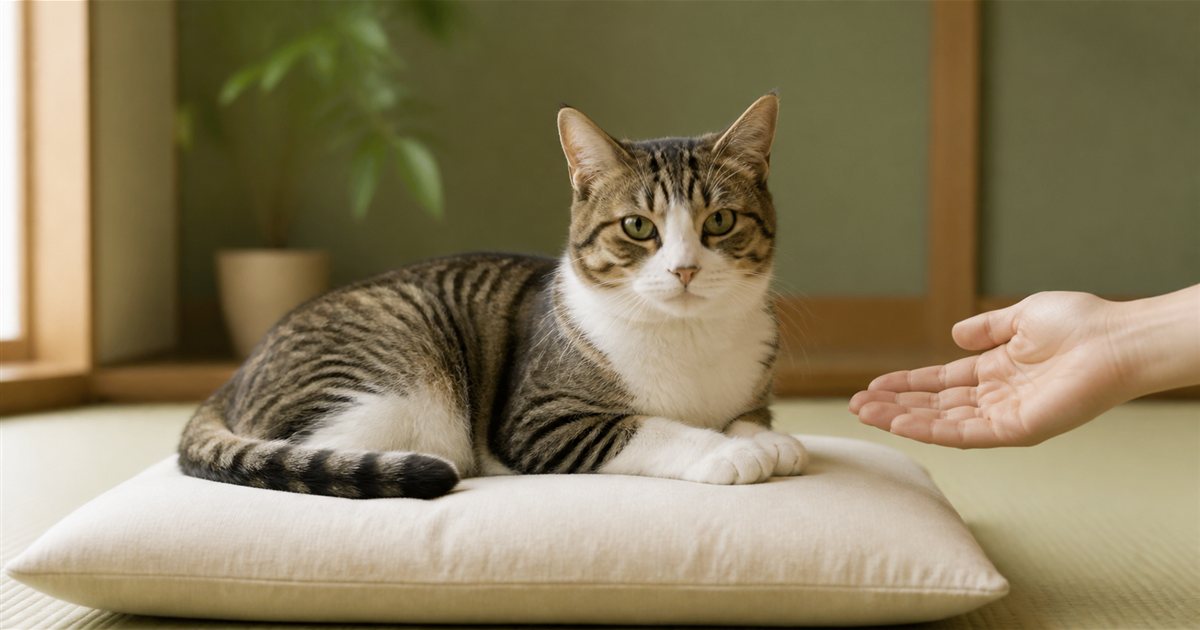 クッションで休む猫のそばに添えられた飼い主の手