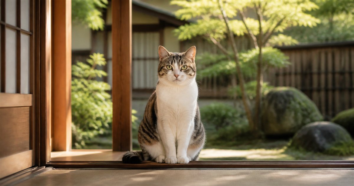 穏やかな庭先に座る健康な野良猫