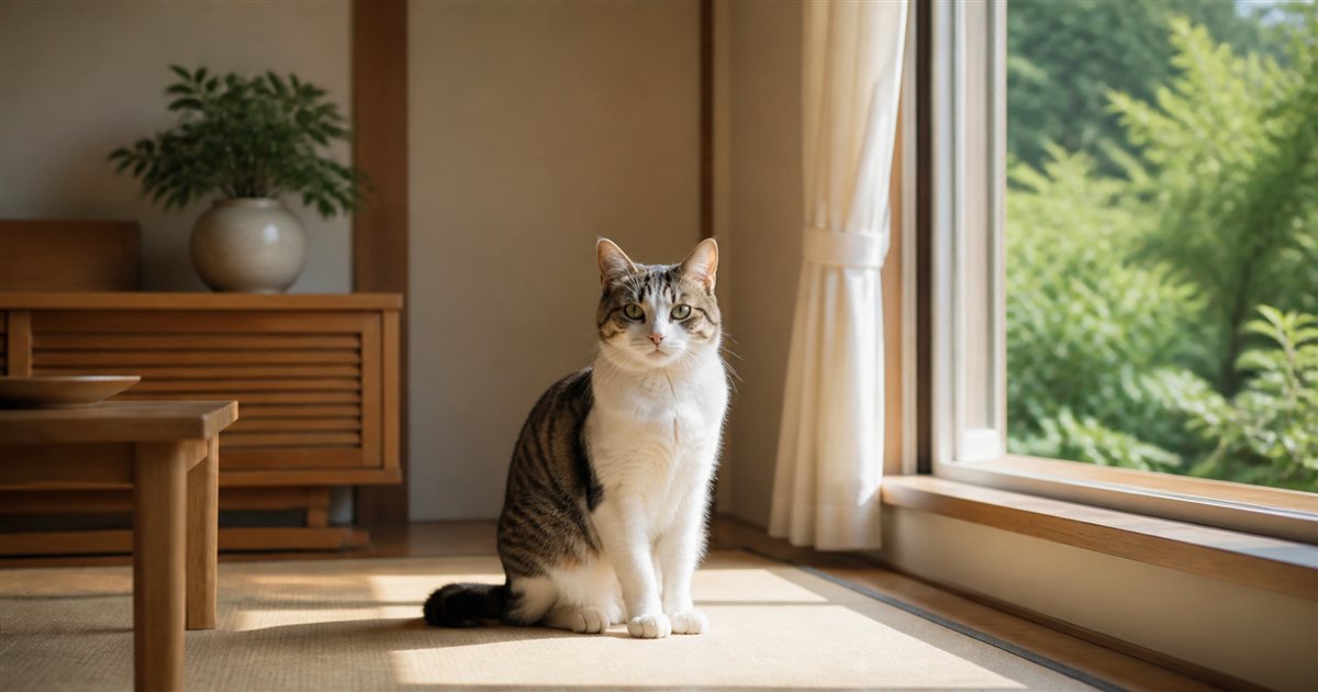 換気の良い清潔なリビングの窓辺に座る猫