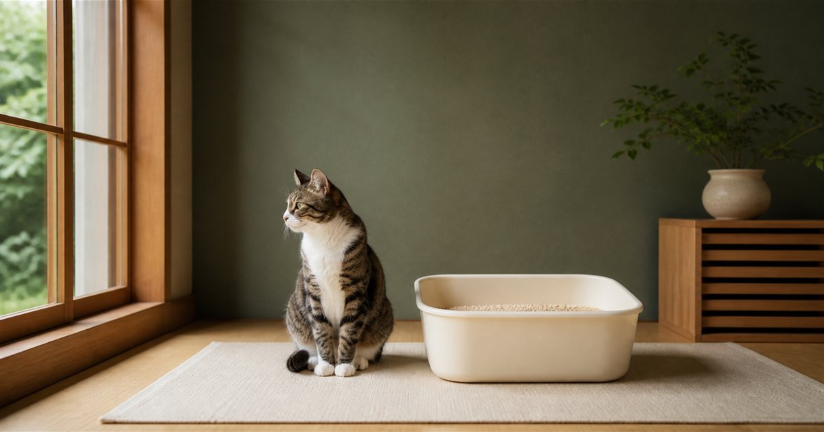 無地で清潔な猫用トイレのそばに座る猫