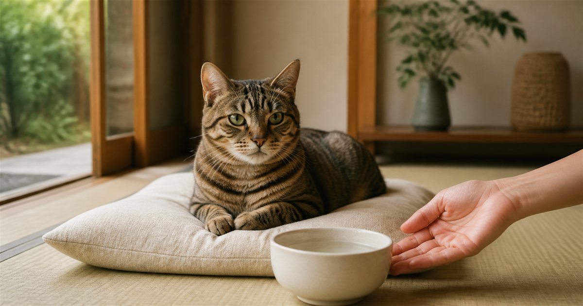 水の器のそばで休む猫を見守る飼い主の手