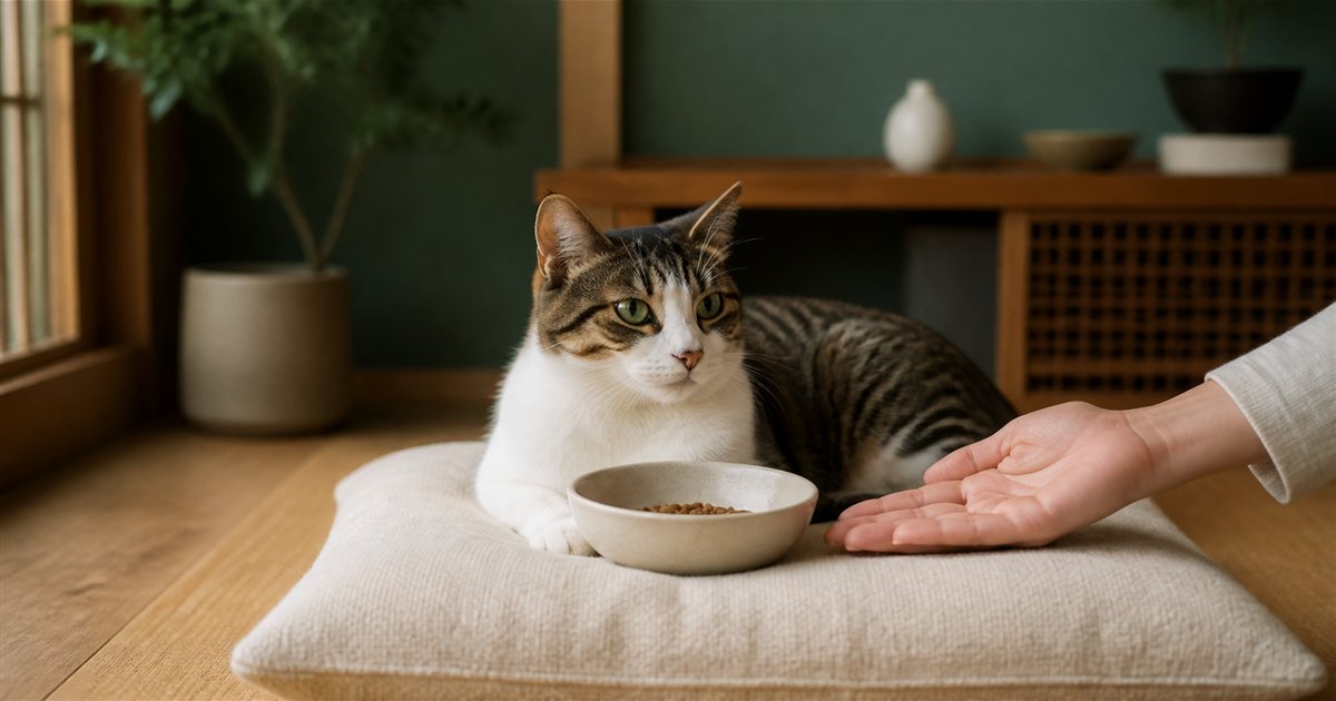 フードの器のそばで休む猫と飼い主の手