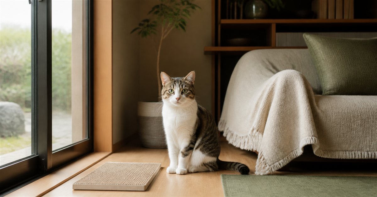 爪とぎマットと家具カバーのそばに座る猫