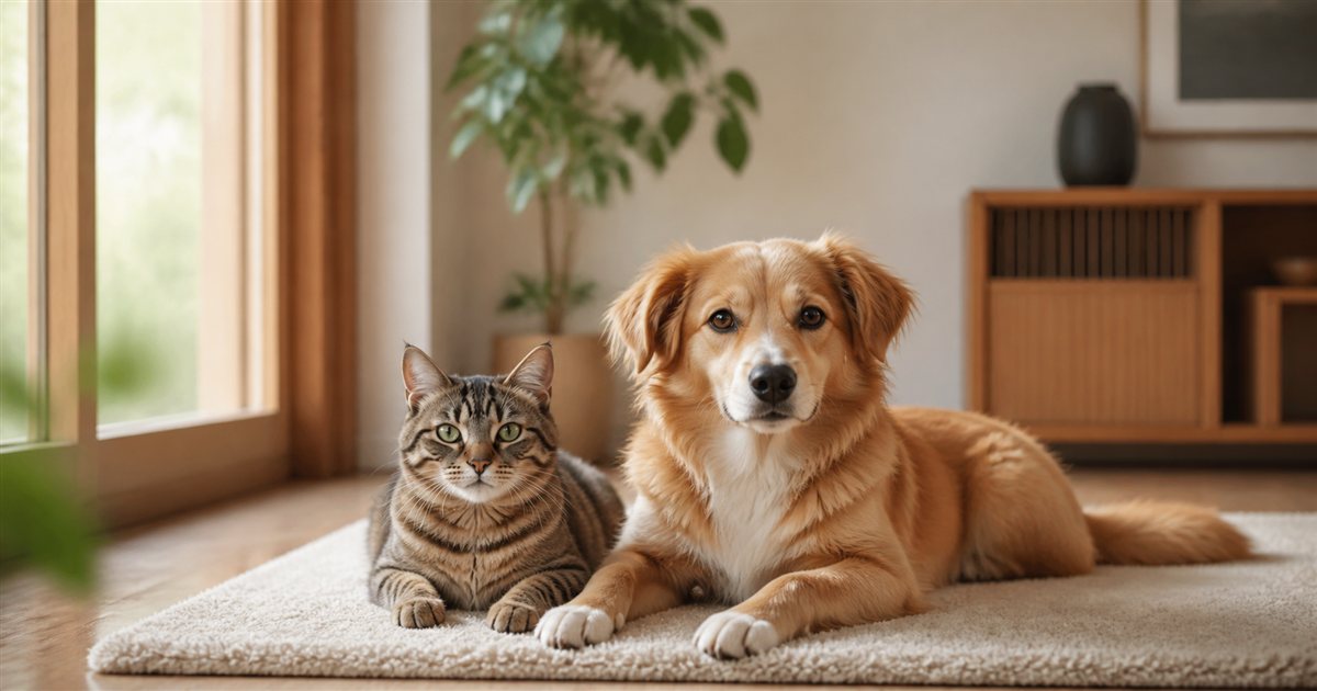 室内で仲良く寄り添う猫と犬