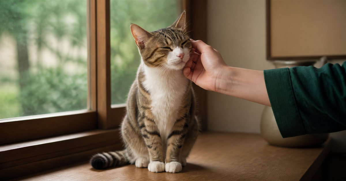 窓辺で飼い主に頬をなでられる猫