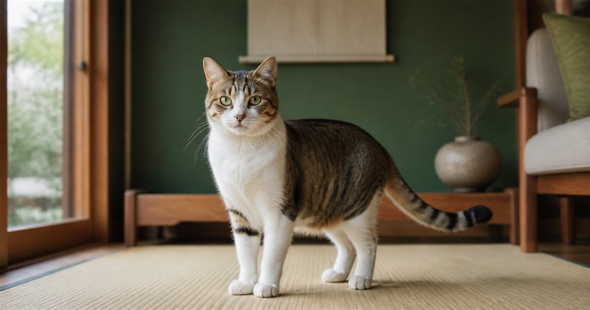 窓辺でしっぽを横に伸ばして立つ猫