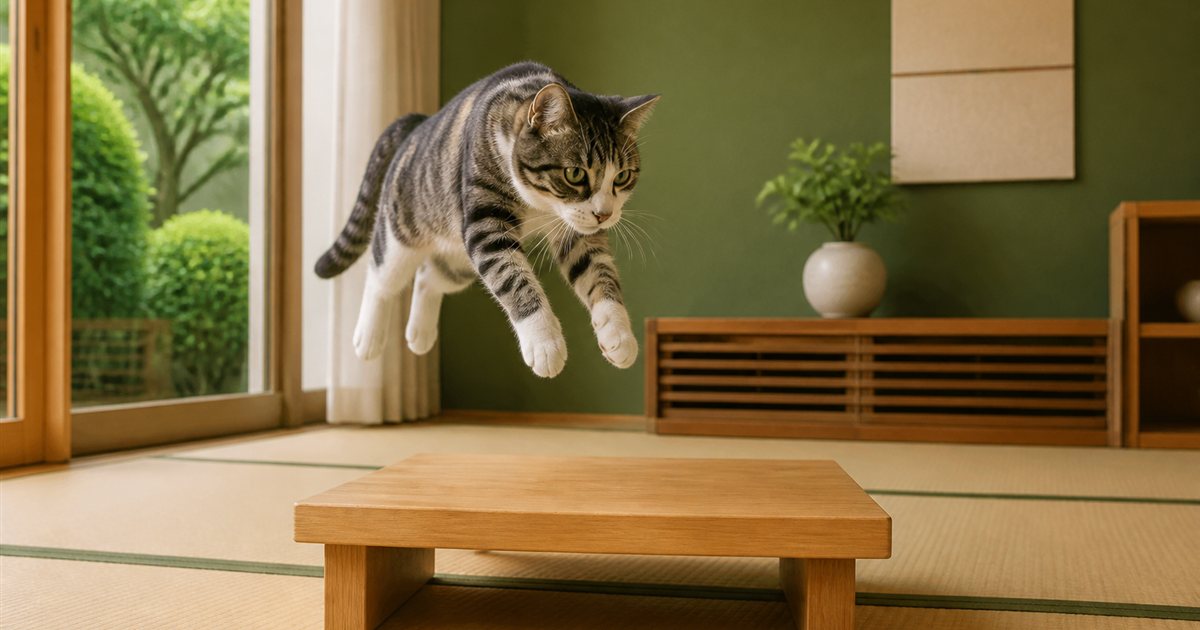 低い木製台へ安全にジャンプする猫