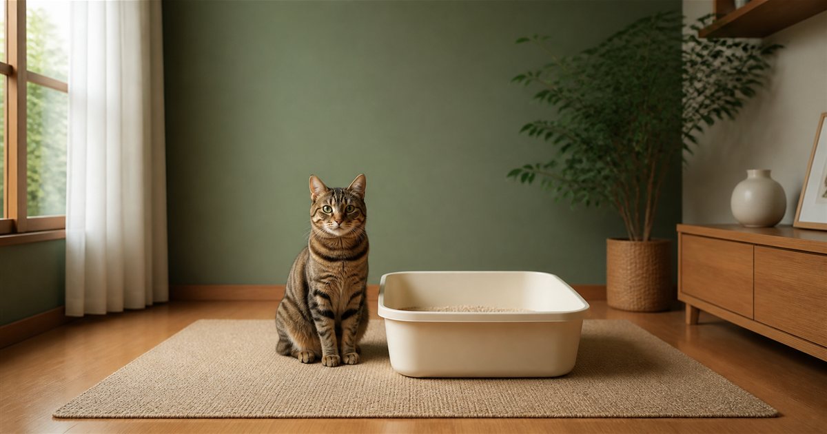 無地で清潔な猫用トイレのそばに座る猫