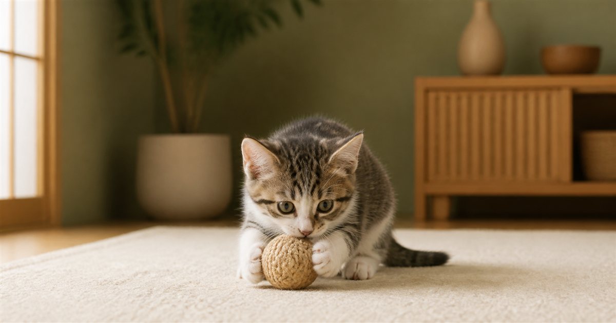 無地の編み玩具で遊ぶ子猫