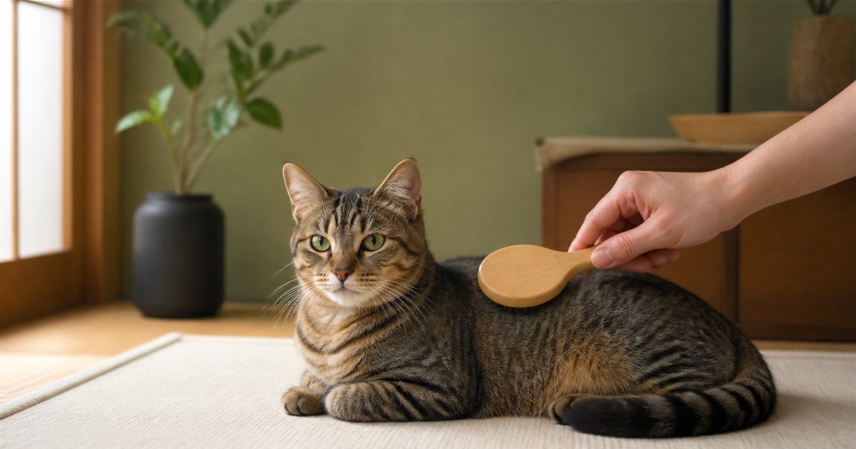 木製ブラシで穏やかにブラッシングされる猫