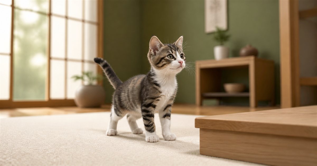 安全な室内で木製ステップを見つめる子猫