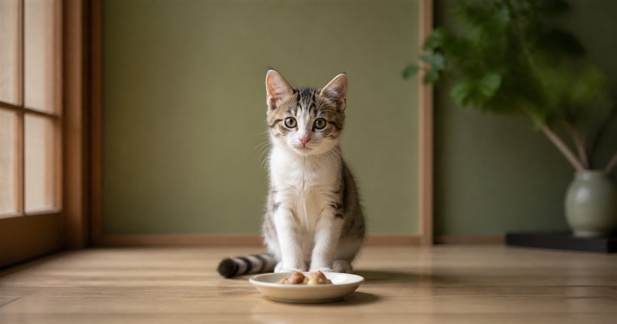 無地の小皿のおやつを見つめる子猫