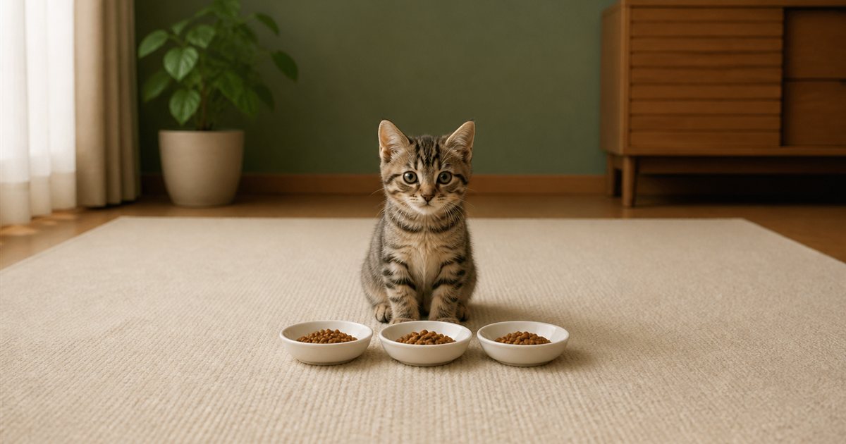 3つの少量フード皿の前に座る子猫