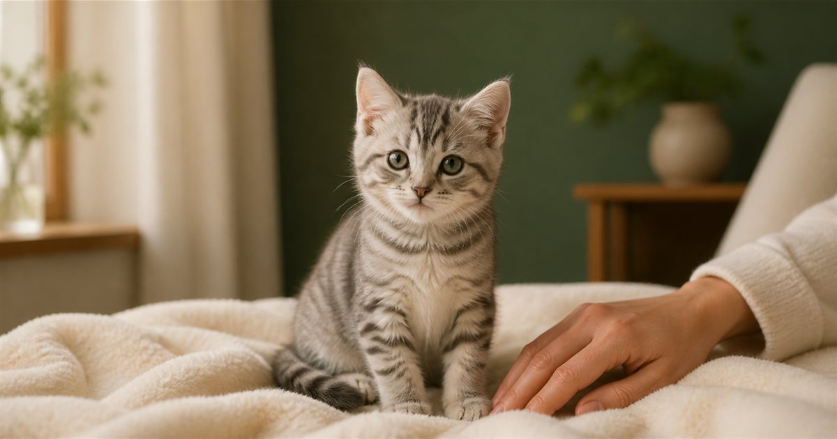 毛布で静かに休む子猫と飼い主の手