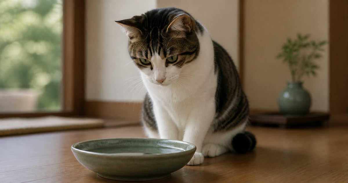 広く浅い陶器の水皿をじっと見つめる猫