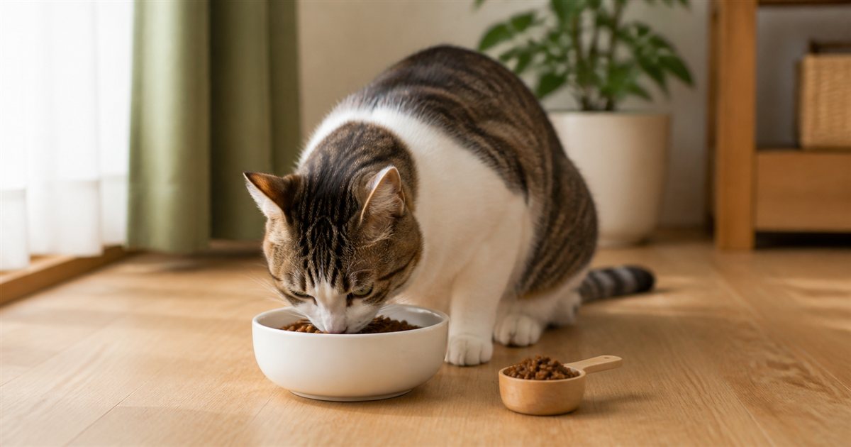 計量スプーンを添えた器でごはんを食べる猫
