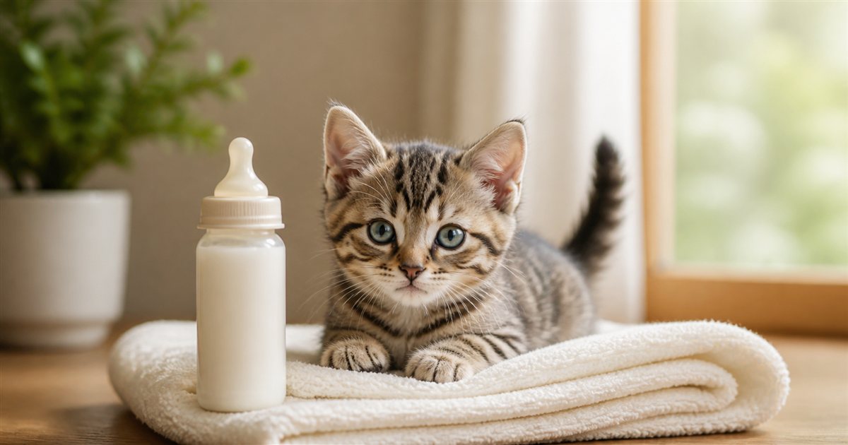 タオルの上の子猫と子猫用の哺乳瓶