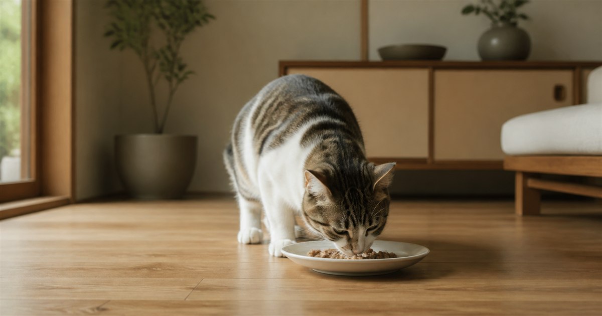 浅く広い無地の皿から食べる猫を横から見たところ