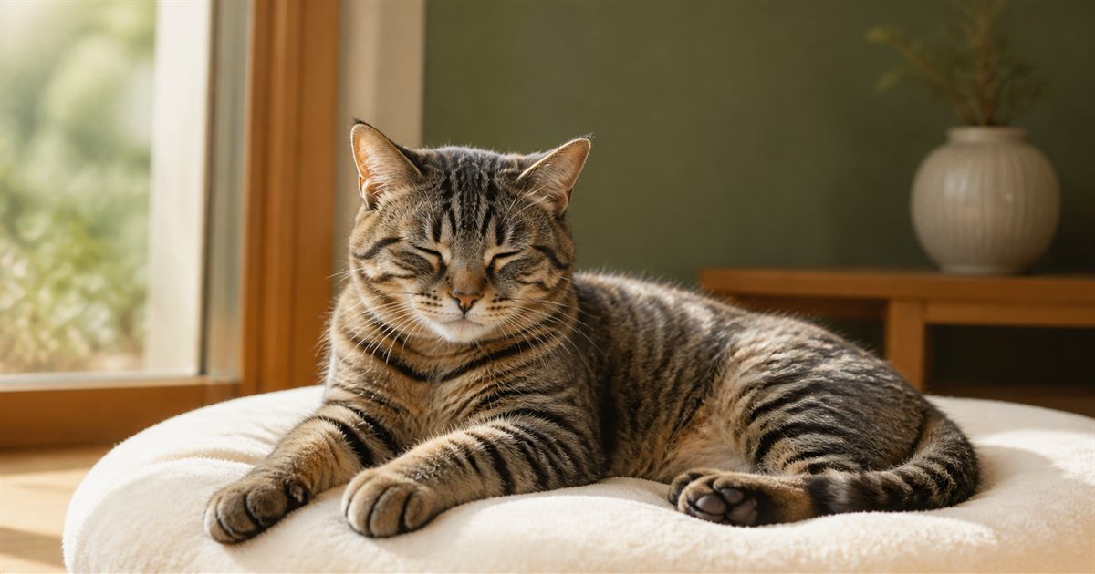 日の当たる窓辺のクッションでまどろむ年老いた猫