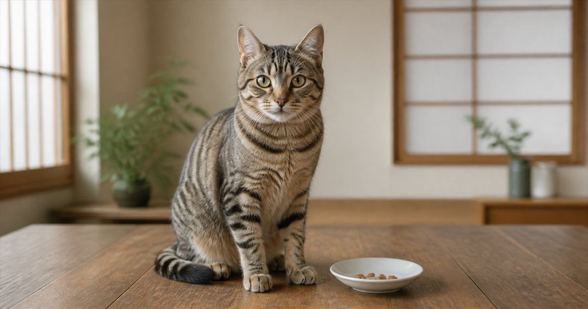木のテーブルの上で無地の小皿のそばに座る猫