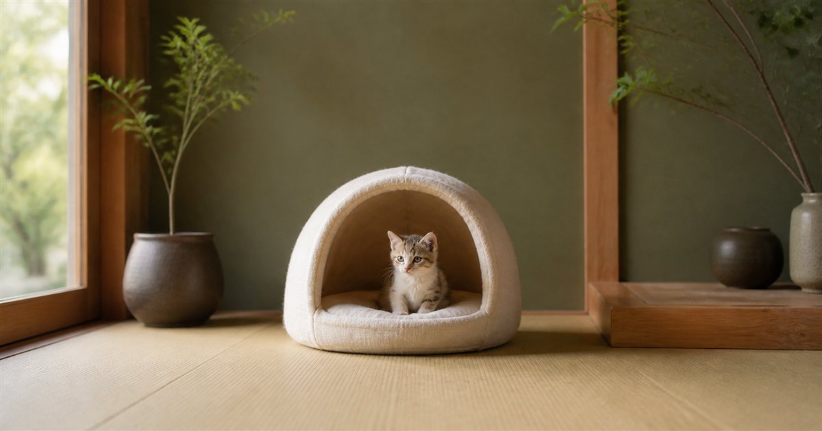 安心できる寝床から室内を見つめる子猫
