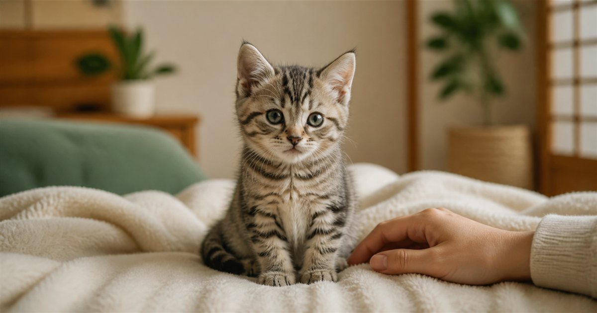 毛布で静かに休む子猫を見守る飼い主の手