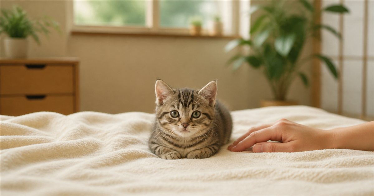 毛布の上で穏やかに休む子猫と飼い主の手