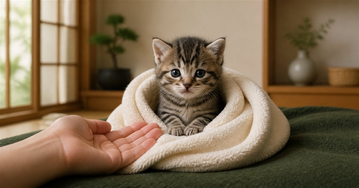 毛布に包まれ飼い主の手を見つめる赤ちゃん猫
