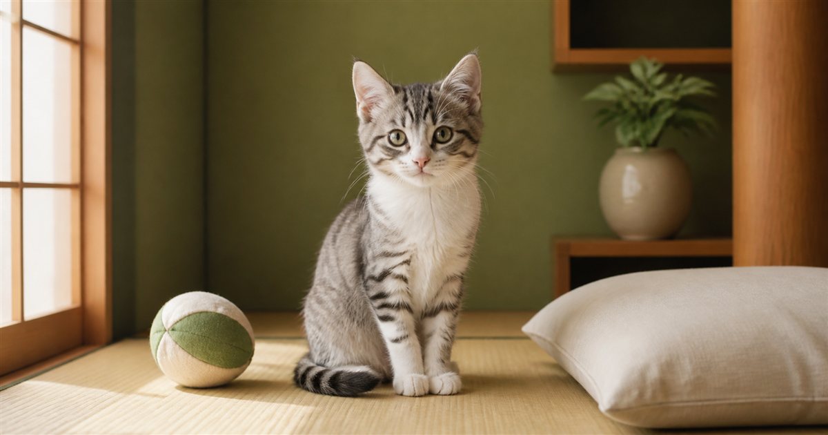 玩具とクッションのそばで留守番する子猫