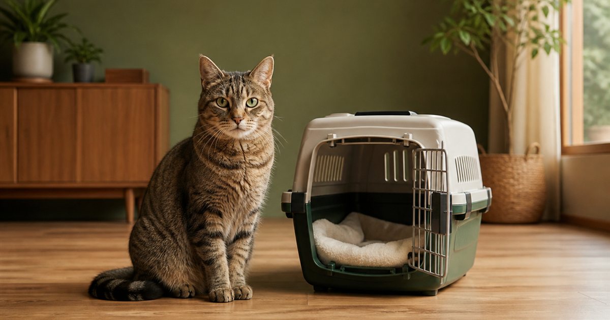 通院用キャリーのそばで落ち着いて座るシニア猫