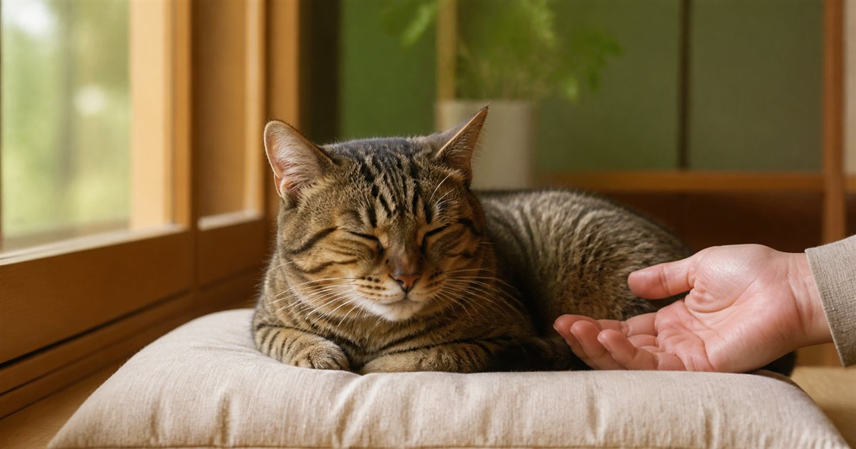 窓辺で穏やかに休むシニア猫と飼い主の手