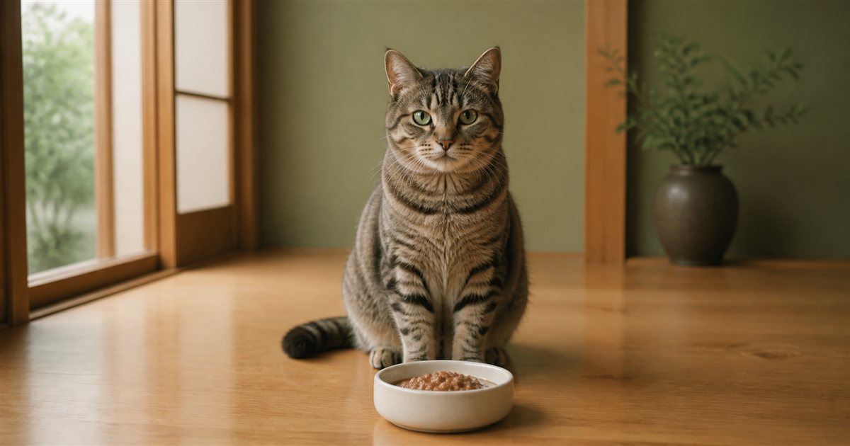 無地の器のウェットフードを待つシニア猫